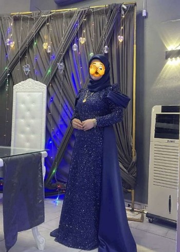 Uzun Kollu Drapeli Lacivert Abiye Elbise