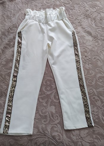 m Beden leopar seritli beyaz yüksek bel havuç paça pantalon