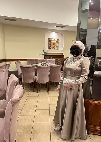 Pudra saten Uzun Abiye Elbise