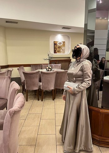Abiye Pudra saten Uzun Abiye Elbise