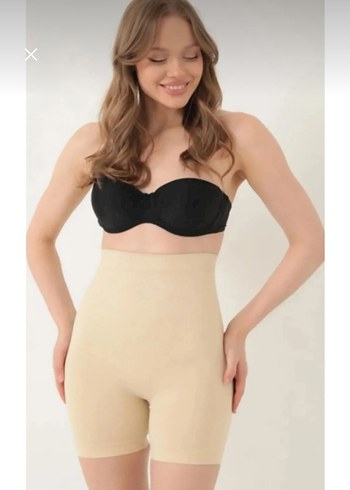 l Beden Bej Yüksek Bel Mini Şort Korseli L/XL