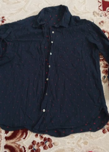 Lacivert Düğmeli Keten Kadın Gömlek - Görsel 2