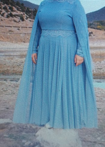 Uzun Mavi Drapeli Bohem Kadın Abiye Elbise - Görsel 3