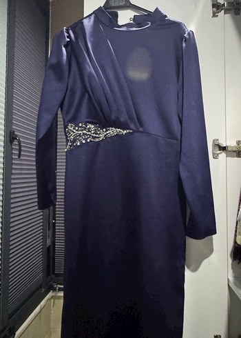 Drapeli İşlemeli lacivert Uzun Abiye Elbise - Görsel 2