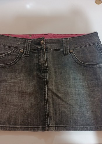 Gri Düğmeli Denim Mini Etek