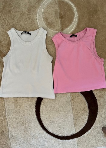 Pembe ve Beyaz Mini Kolsuz Basic Atlet