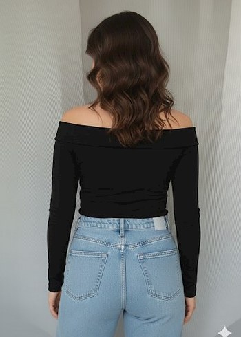 Siyah Denim Kayık Yaka Uzun Kollu Bluz - Görsel 2