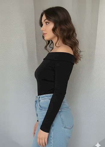 Siyah Denim Kayık Yaka Uzun Kollu Bluz - Görsel 5