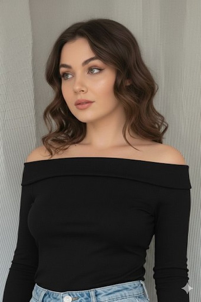 Siyah Denim Kayık Yaka Uzun Kollu Bluz - Görsel 4