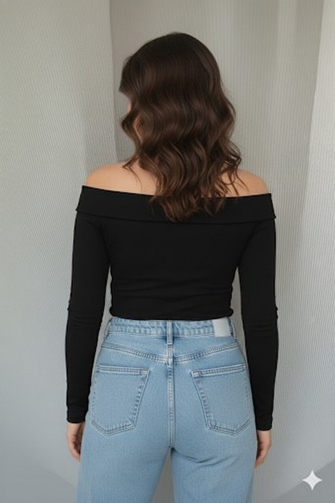 Siyah Denim Kayık Yaka Uzun Kollu Bluz - Görsel 2