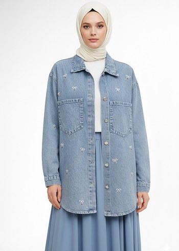 Nakışlı Mavi Denim Kadın Kot Ceket - Görsel 2