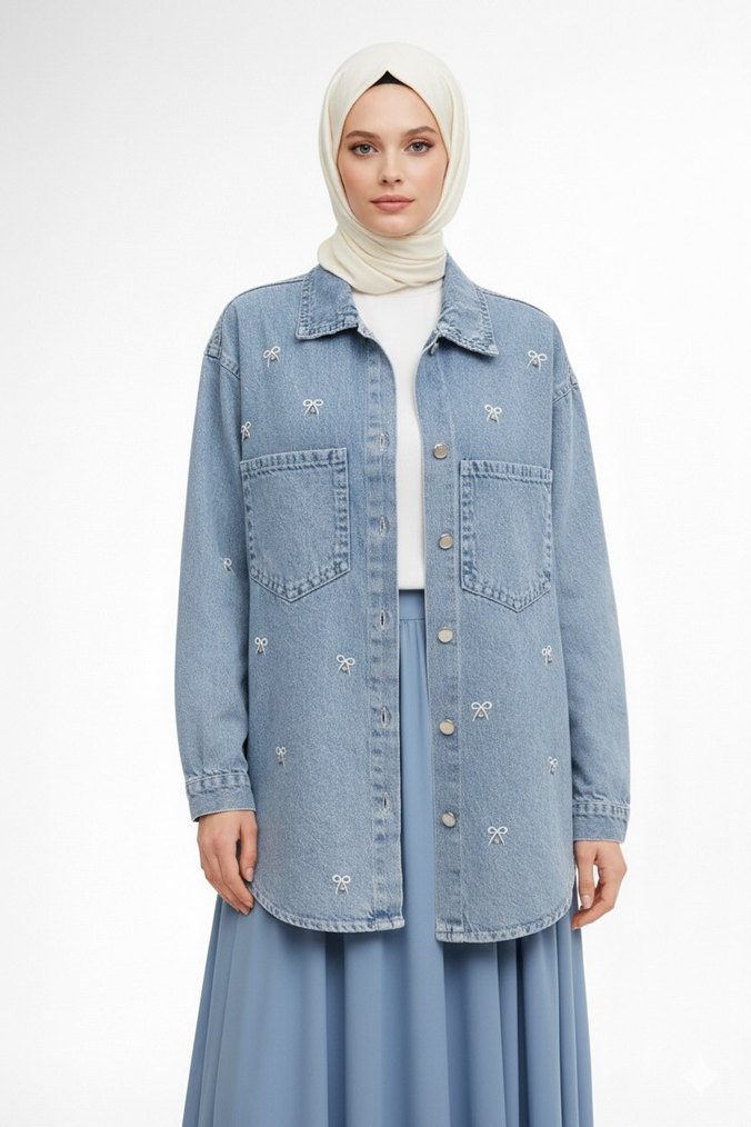 Nakışlı Mavi Denim Kadın Kot Ceket - Görsel 2
