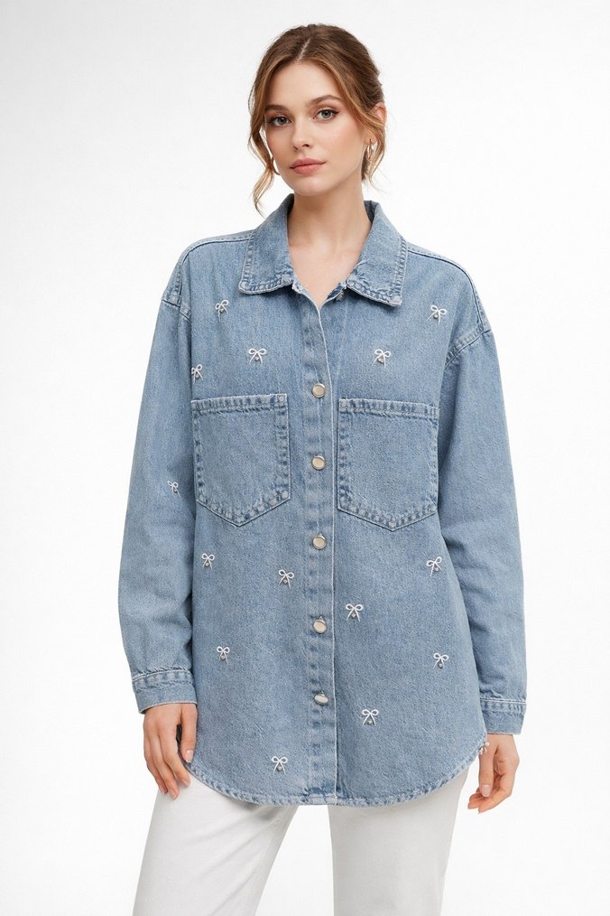 Nakışlı Mavi Denim Kadın Kot Ceket - Görsel 3