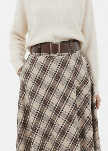 Bej Kemerli Ekoseli Midi Yün Etek - Görsel 3
