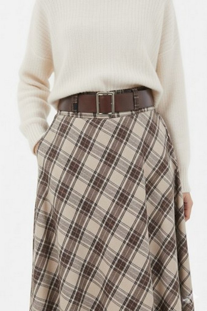 Bej Kemerli Ekoseli Midi Yün Etek - Görsel 3