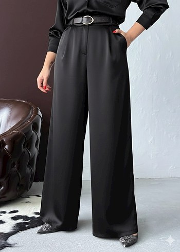 Siyah Kadın Bol Paça Saten Pantolon - Görsel 2