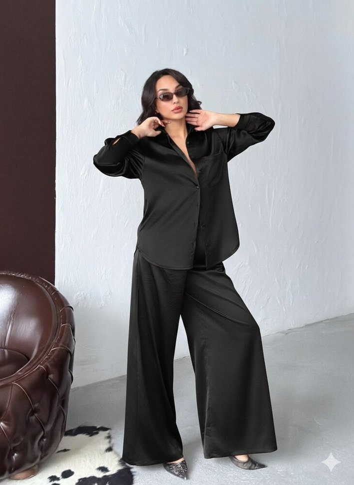 Siyah Kadın Bol Paça Saten Pantolon - Görsel 3
