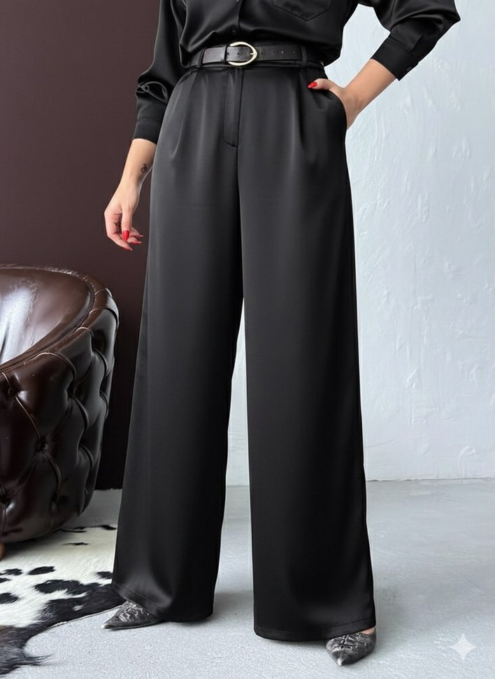 Siyah Kadın Bol Paça Saten Pantolon - Görsel 2