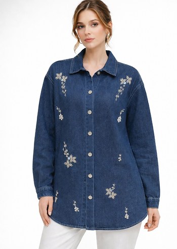 Nakışlı Lacivert Denim Kadın Kot Ceket - Görsel 4