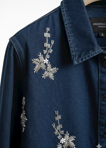 Nakışlı Lacivert Denim Kadın Kot Ceket - Görsel 5