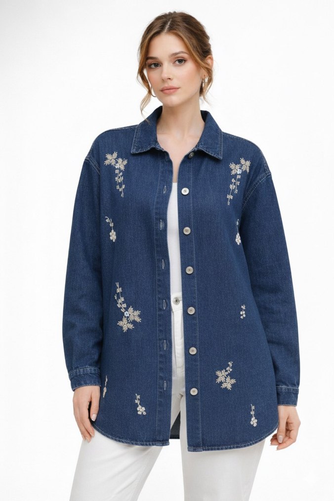 Nakışlı Lacivert Denim Kadın Kot Ceket - Görsel 2