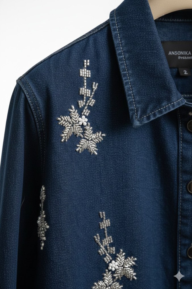 Nakışlı Lacivert Denim Kadın Kot Ceket - Görsel 5