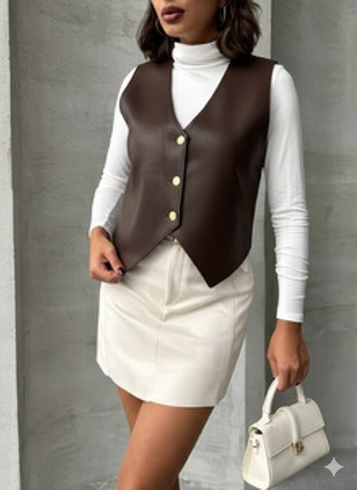 Deri Cikolata Kahve Yelek - Görsel 2