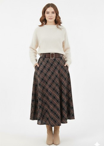 Bej Ekoseli Kemerli Midi Etek - Görsel 2