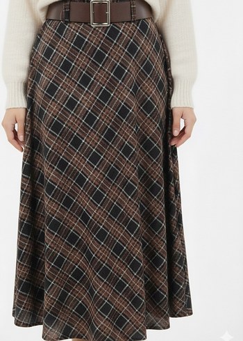 Bej Ekoseli Kemerli Midi Etek - Görsel 3