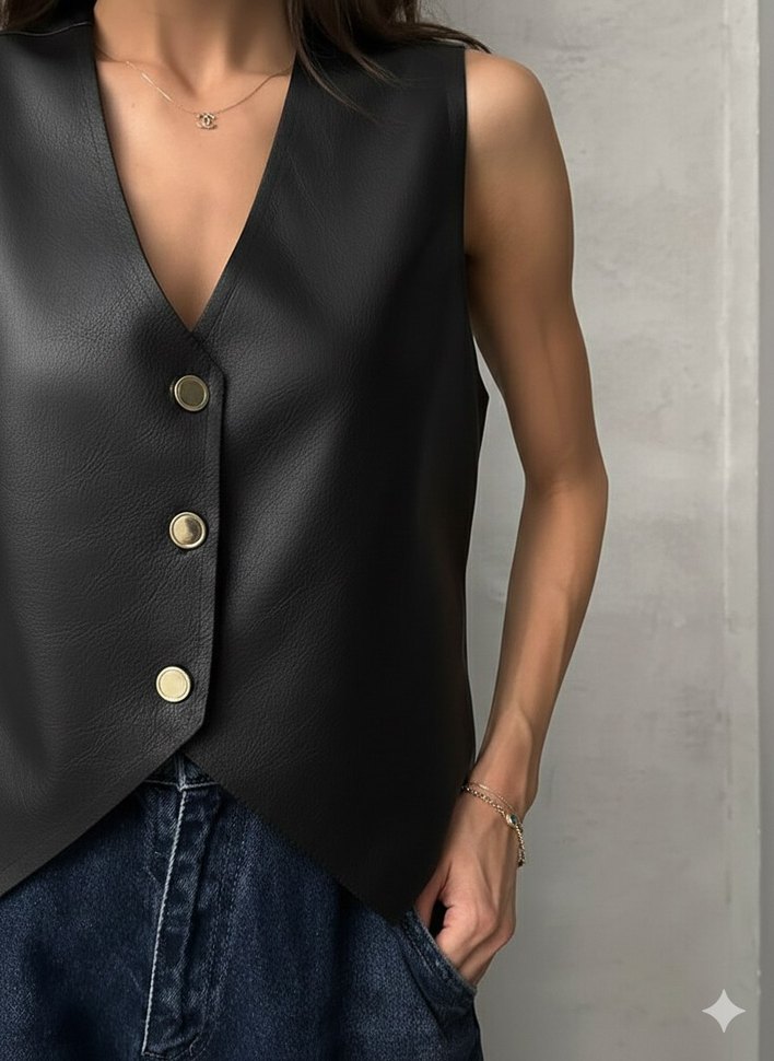 Düğmeli Siyah Deri V Yaka Kadın Yelek - Görsel 2