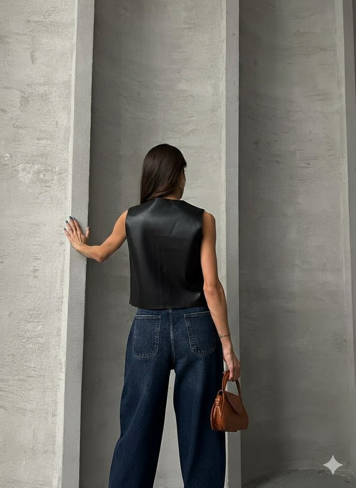 Düğmeli Siyah Deri V Yaka Kadın Yelek - Görsel 3