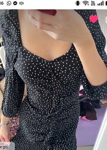 Puantiye Desenli V-Yaka Midi Elbise - Görsel 4