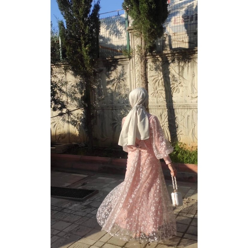 Pembe çiçek arkası kurdele detaylı özel tasarım abiye - Görsel 2