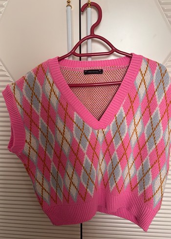 Pembe Desenli V Yaka Örgü Kadın Süveter - Görsel 3