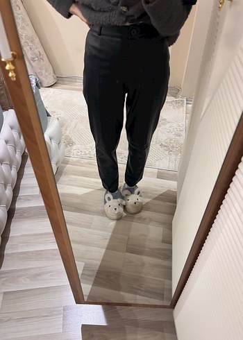 Düğmeli Siyah Deri kadın Pantolon - Görsel 4