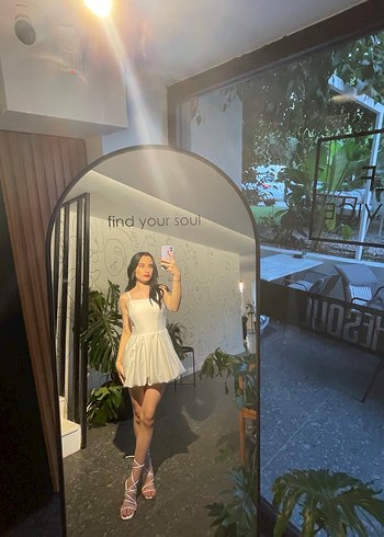 Beyaz Mini Saten Askılı Elbise - Görsel 2