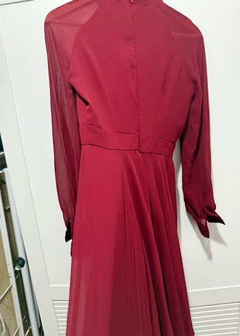 Kırmızı Midi Uzun Kollu Kemerli Elbise - Görsel 4