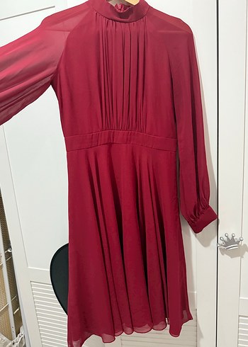 Kırmızı Midi Uzun Kollu Kemerli Elbise - Görsel 2