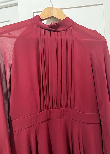 Kırmızı Midi Uzun Kollu Kemerli Elbise - Görsel 3