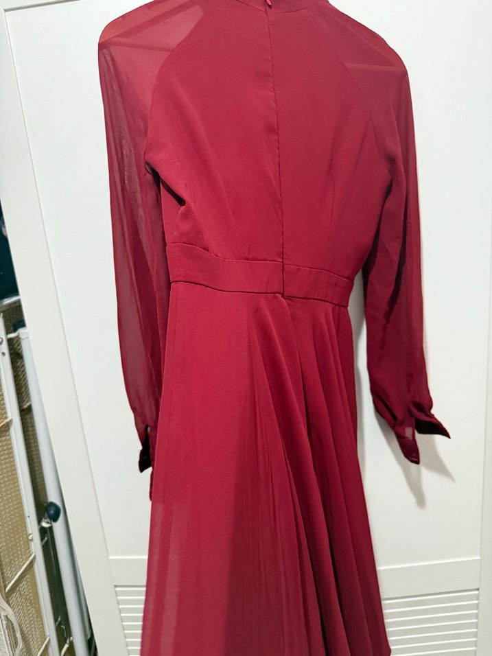 Kırmızı Midi Uzun Kollu Kemerli Elbise - Görsel 4