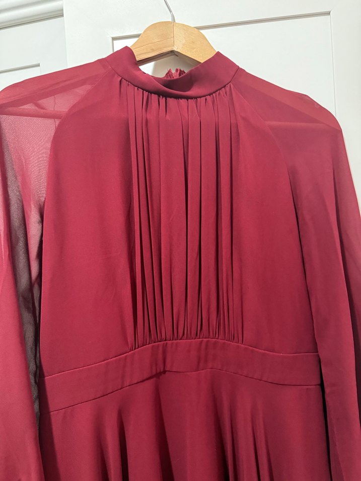 Kırmızı Midi Uzun Kollu Kemerli Elbise - Görsel 3