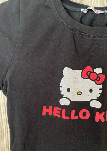 11-12 Yaş Beden siyah Renk Kız Çocuk Siyah Hello Kitty Baskılı Tişört