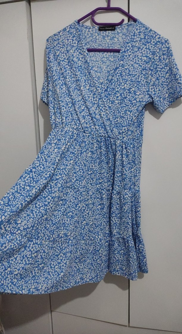 Mavi V Yaka Midi Bağlamalı Elbise - Görsel 2