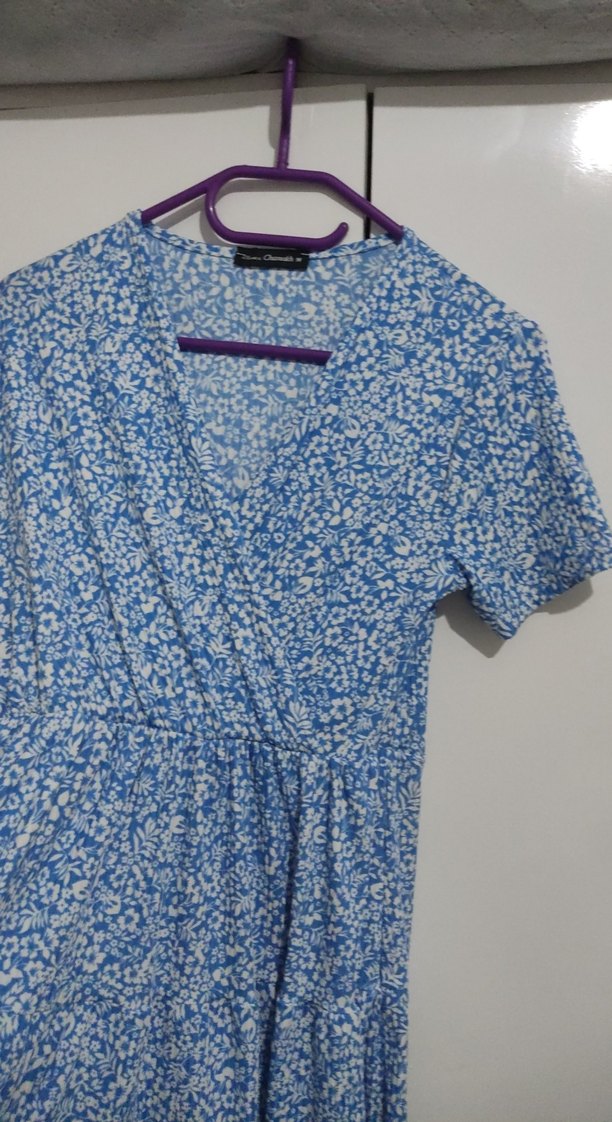 Mavi V Yaka Midi Bağlamalı Elbise - Görsel 3