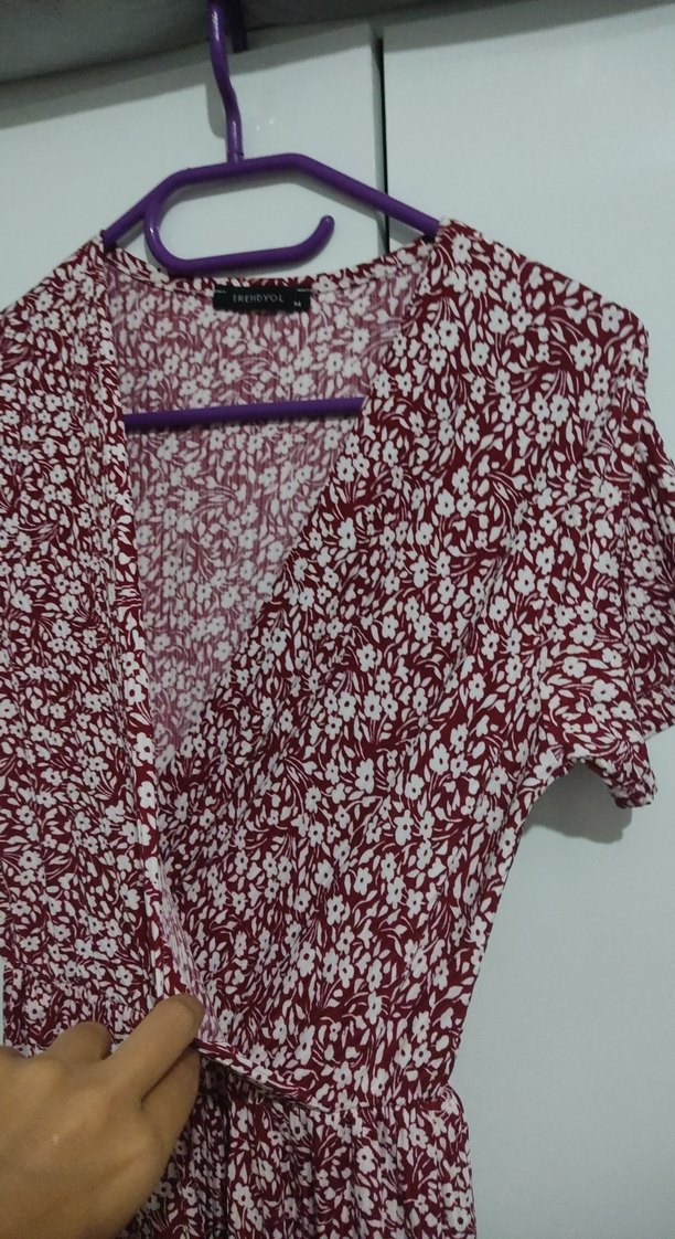 Bordo Bağcıklı V Yakalı Midi Elbise - Görsel 3