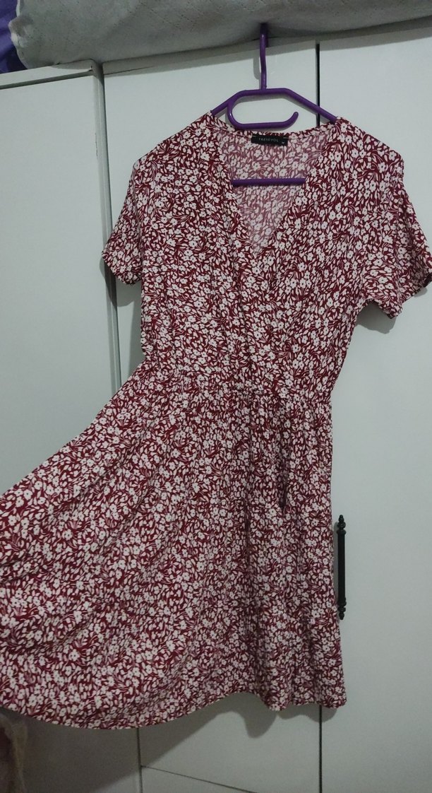 Bordo Bağcıklı V Yakalı Midi Elbise - Görsel 2