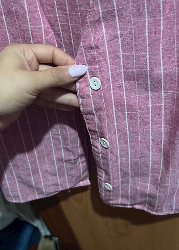 l Beden Düğmeli Pembe Keten Kadın Gömlek