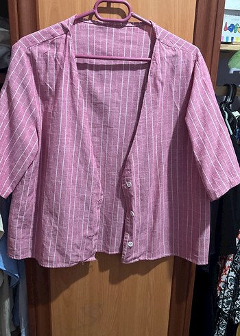 Düğmeli Pembe Keten Kadın Gömlek