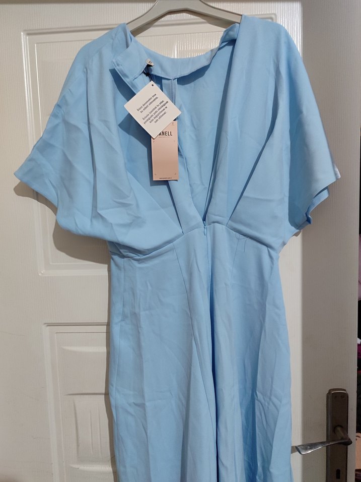 hiç kullanılmamış Mavi V Yakalı Uzun Kadın Elbise - Görsel 5