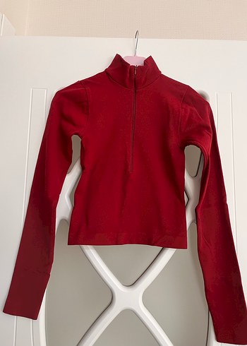 Kırmızı Yarım Fermuarlı Uzun Kollu Kadın Sweatshirt